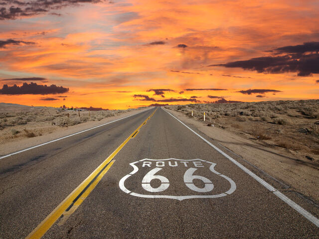 Route 66 Pavement Sign Sunrise Mojave Desert